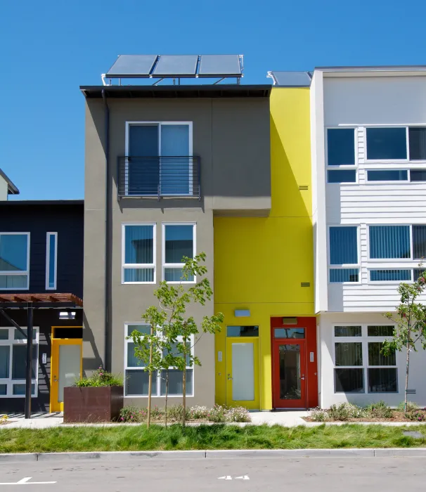 Exterior view of townhouses at Tassafaronga Village in East Oakland, CA. 