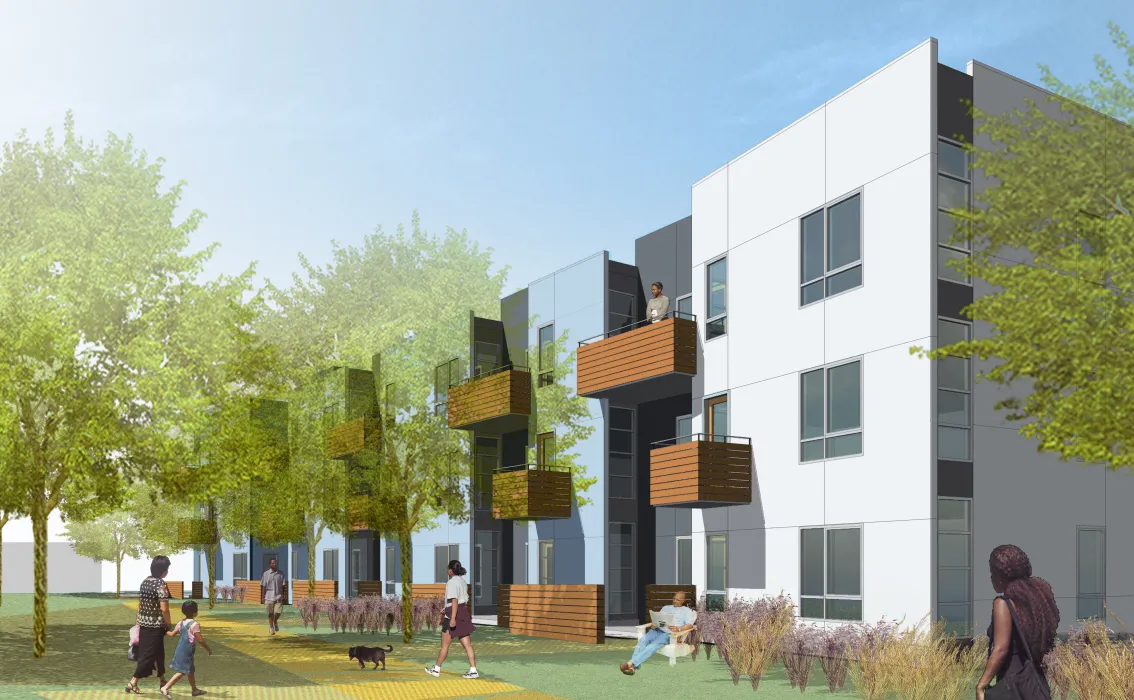 Rendering of pedestrian mews at Tassafaronga Village in East Oakland, CA. 