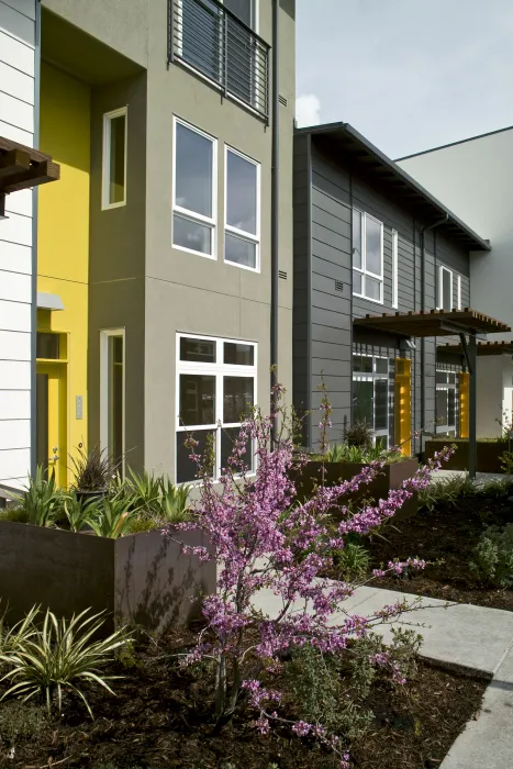 Ground level townhouses at Tassafaronga Village in East Oakland, CA. 