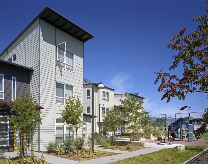 Exterior view of Tassafaronga Village in East Oakland, CA. 