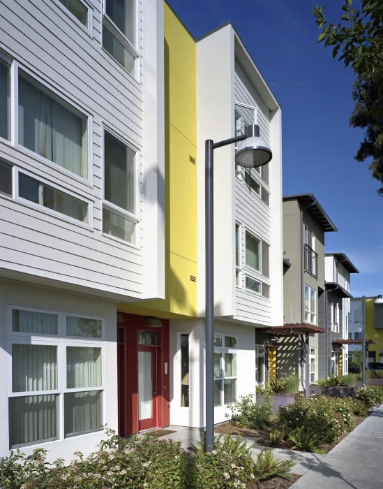 Exterior view of townhouses at Tassafaronga Village in East Oakland, CA. 