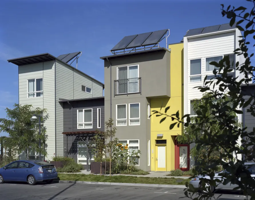 Exterior view of townhouses at Tassafaronga Village in East Oakland, CA. 