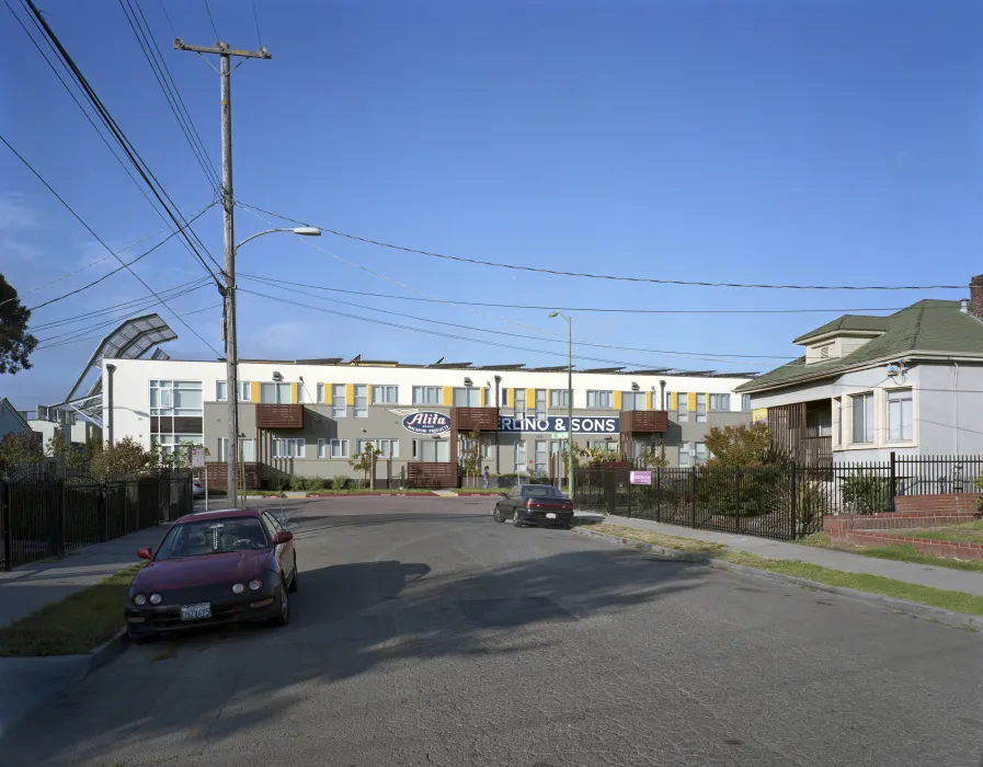 Exterior view of supportive housing units at Tassafaronga Village in East Oakland, CA. 