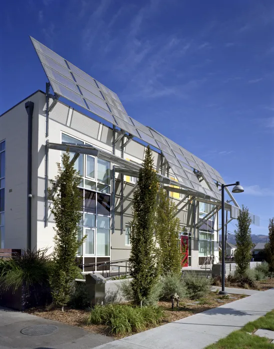 Entrance of supportive housing units at Tassafaronga Village in East Oakland, CA. 