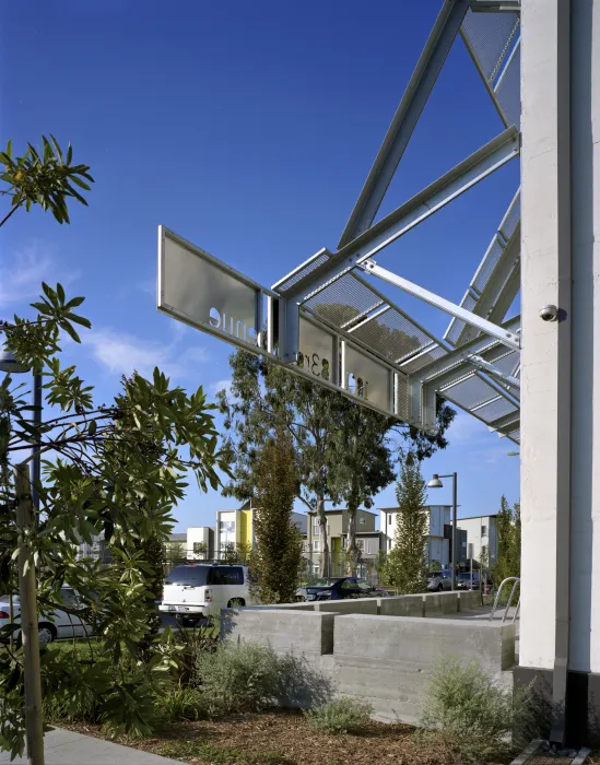 Entrance of supportive housing units at Tassafaronga Village in East Oakland, CA. 