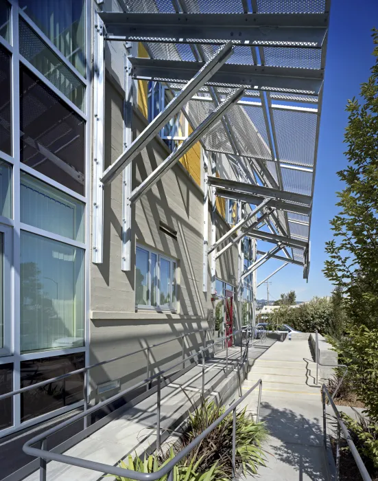 Entrance to supportive housing units at Tassafaronga Village in East Oakland, CA. 