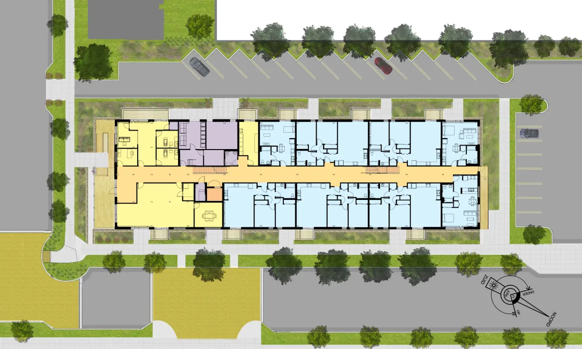 Site plan for the renovated pasta factory housing at  Tassafaronga Village in East Oakland, CA. 