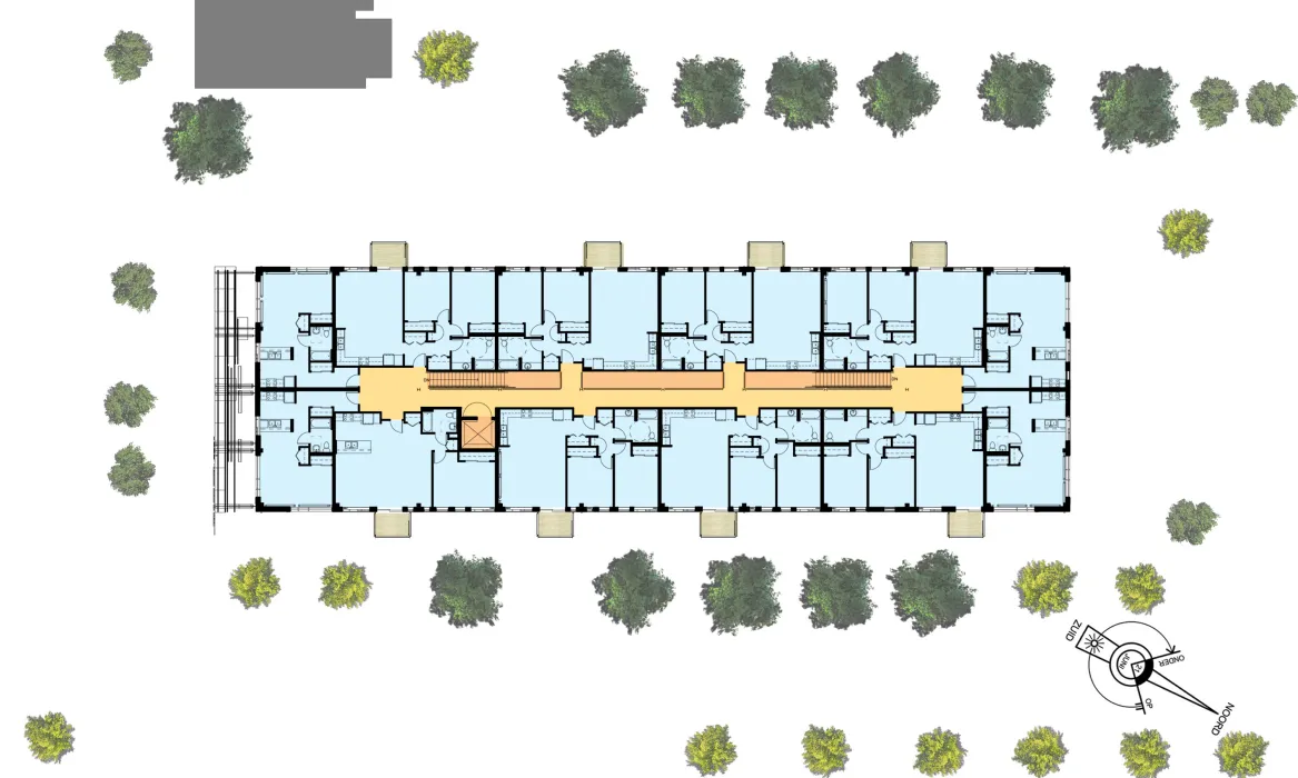 Upper-level plan of the renovated pasta factory housing at  Tassafaronga Village in East Oakland, CA. 