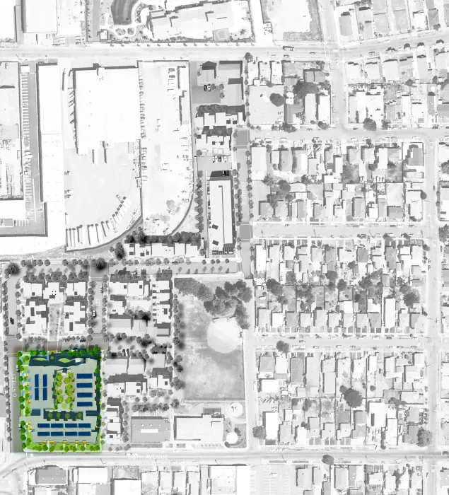 Site plan highlighting the family rental apartment building for Tassafaronga Village in East Oakland, CA. 