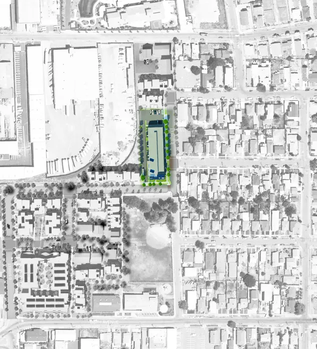 Site plan highlighting the adaptive reuse of the abandoned pasta factory building at  Tassafaronga Village in East Oakland, CA. 