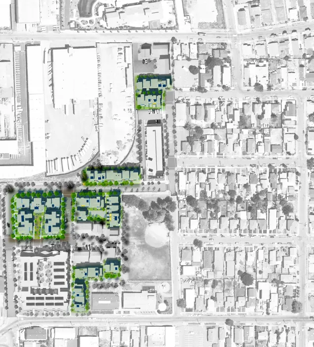 Site plan highlighting the family townhouses at  Tassafaronga Village in East Oakland, CA. 