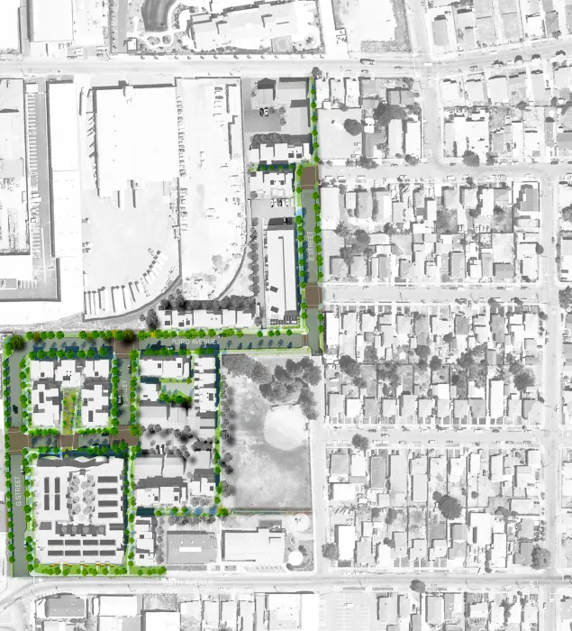 Site plan highlighting walkable pathways at Tassafaronga Village in East Oakland, CA. 