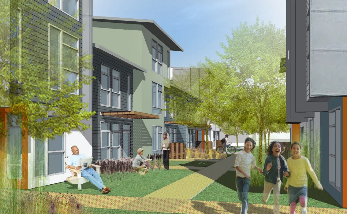 Rendering of pathways between townhouses at Tassafaronga Village in East Oakland, CA.