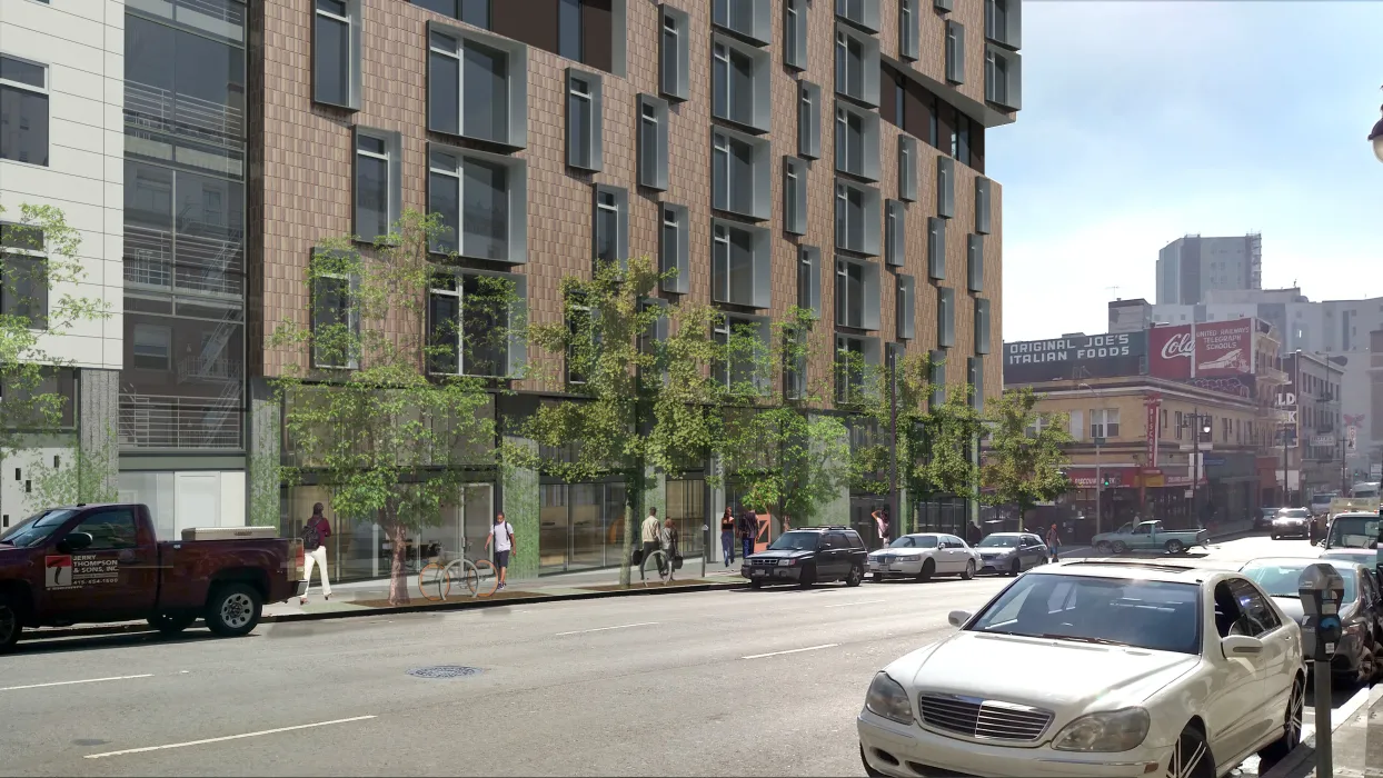 Rendered street view of 222 Taylor Street, affordable housing in San Francisco