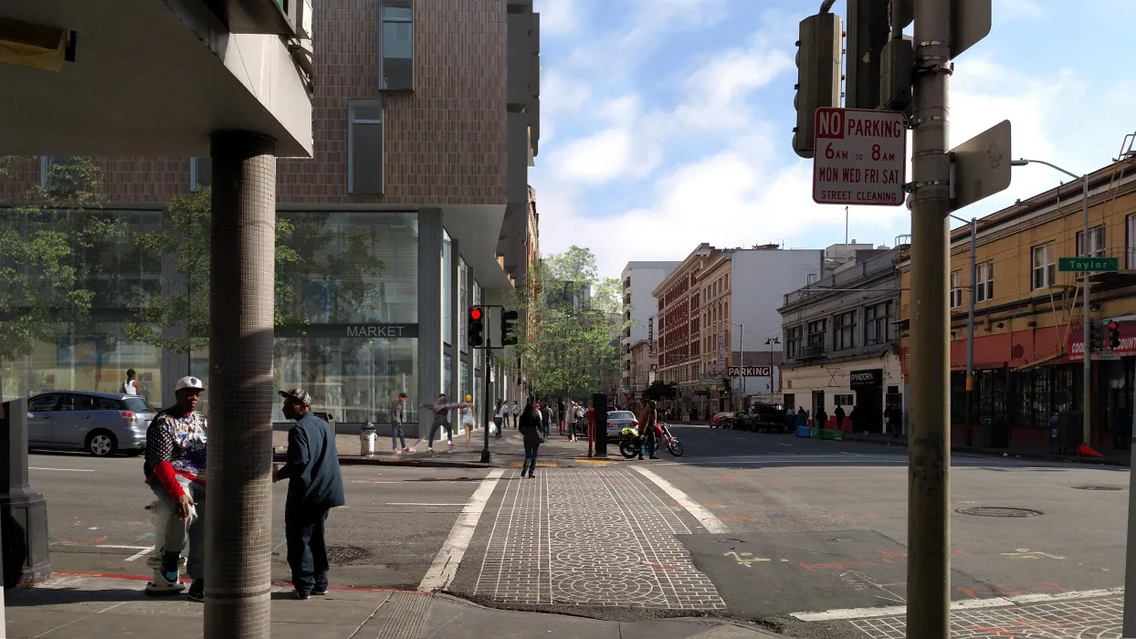 Rendering of the intersection in front of 222 Taylor Street, affordable housing in San Francisco