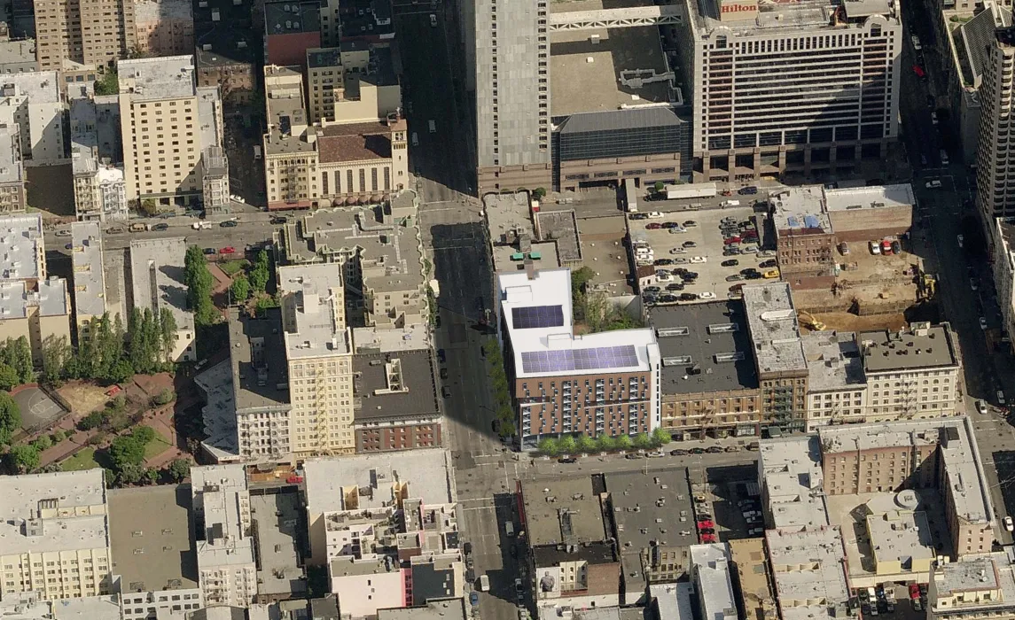 Rendered aerial view of 222 Taylor Street, affordable housing in San Francisco