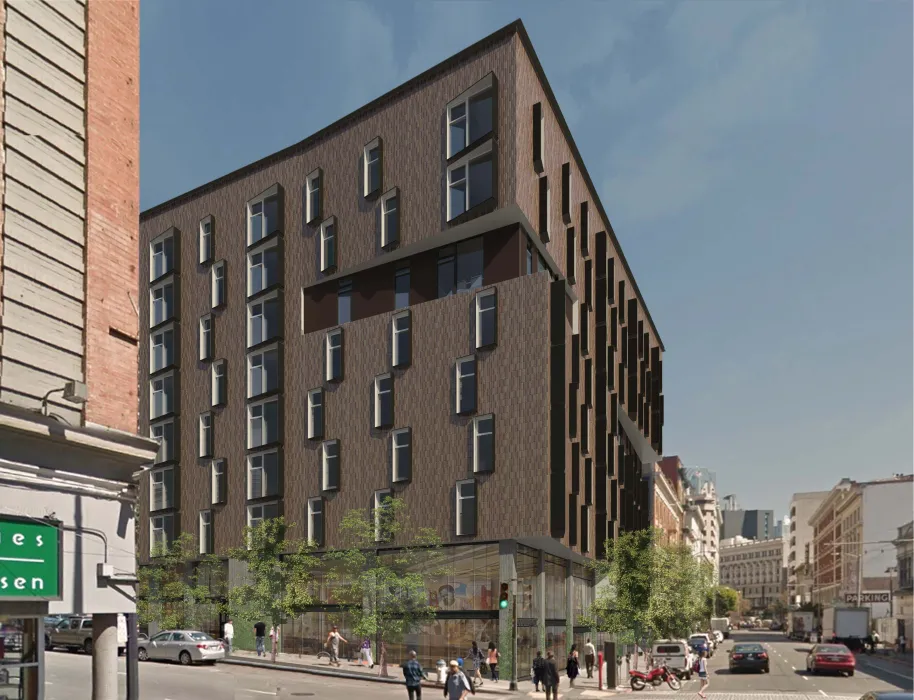 Rendered street view of 222 Taylor Street, affordable housing in San Francisco
