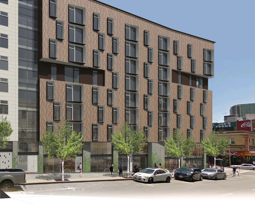 Rendering of the street view of 222 Taylor Street, affordable housing in San Francisco