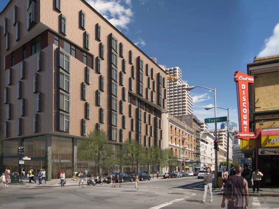 Rendered street view of 222 Taylor Street, affordable housing in San Francisco