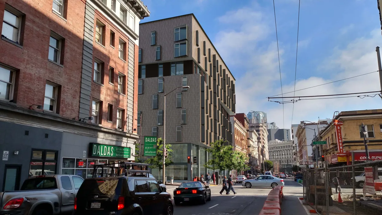 Rendered street view of 222 Taylor Street, affordable housing in San Francisco