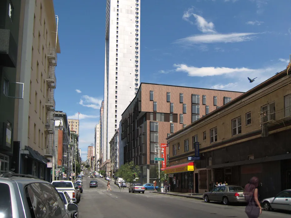 Rendered street view of 222 Taylor Street, affordable housing in San Francisco