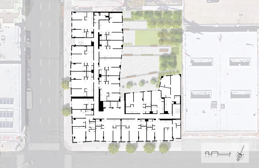 Third through nine levels site plan of 222 Taylor Street, affordable housing in San Francisco
