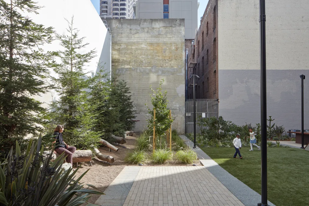 Courtyard inside 222 Taylor Street, affordable housing in San Francisco