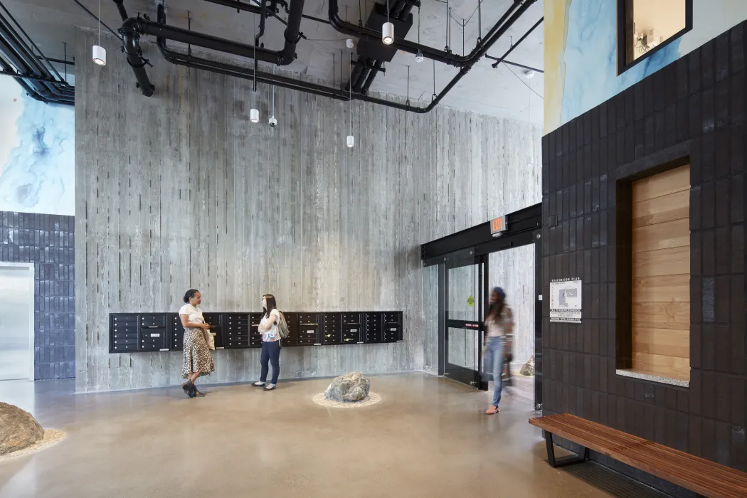 Entrance lobby inside 222 Taylor Street, affordable housing in San Francisco.