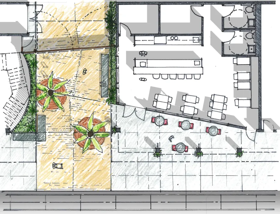 Aerial sketch of the cafe for La Valentina Station in Sacramento, Ca.