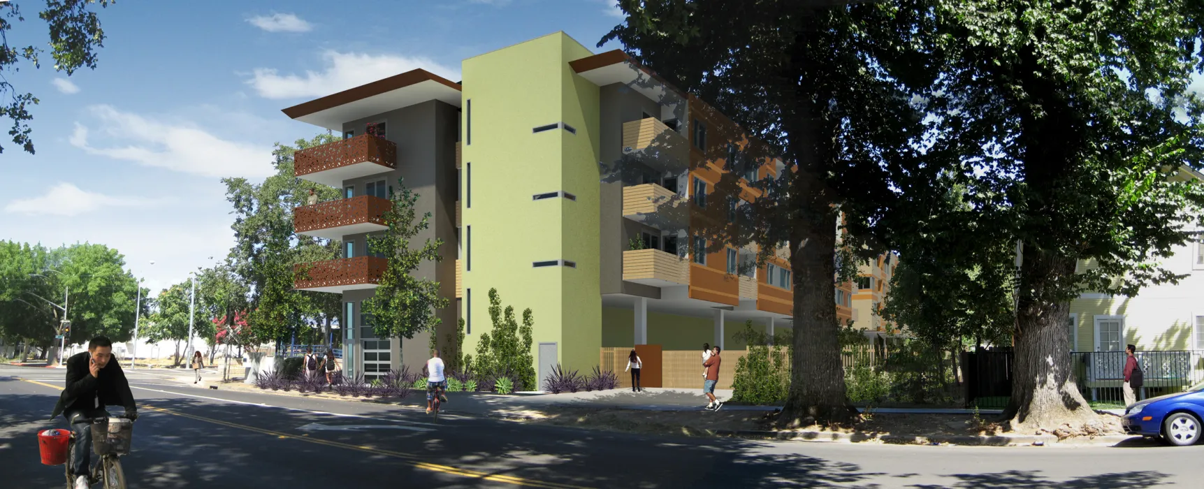 Exterior rendering of the rear of La Valentina Station in Sacramento, Ca.