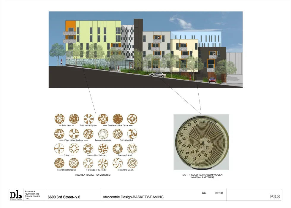 Afrocentric design, basketweacing inspires the design for Bayview Hill Gardens in San Francisco, Ca.