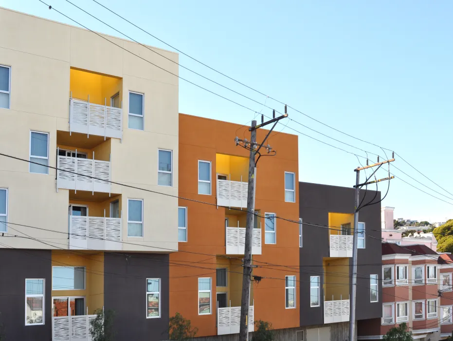 Exterior view of the balconies at Bayview Hill Gardens in San Francisco, Ca.