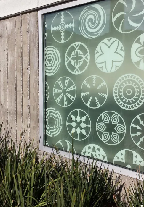 Window decal at the entrance of Bayview Hill Gardens in San Francisco, Ca.