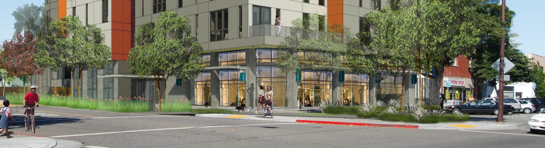 Exterior rendering of the retail spaces at Parker Place in Berkeley, California