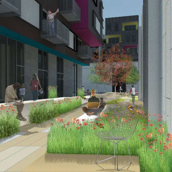 Exterior rendering of pedestrian mews at Parker Place in Berkeley, California.