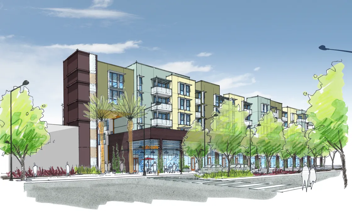 Exterior sketch of Station Center Family Housing in Union City, Ca