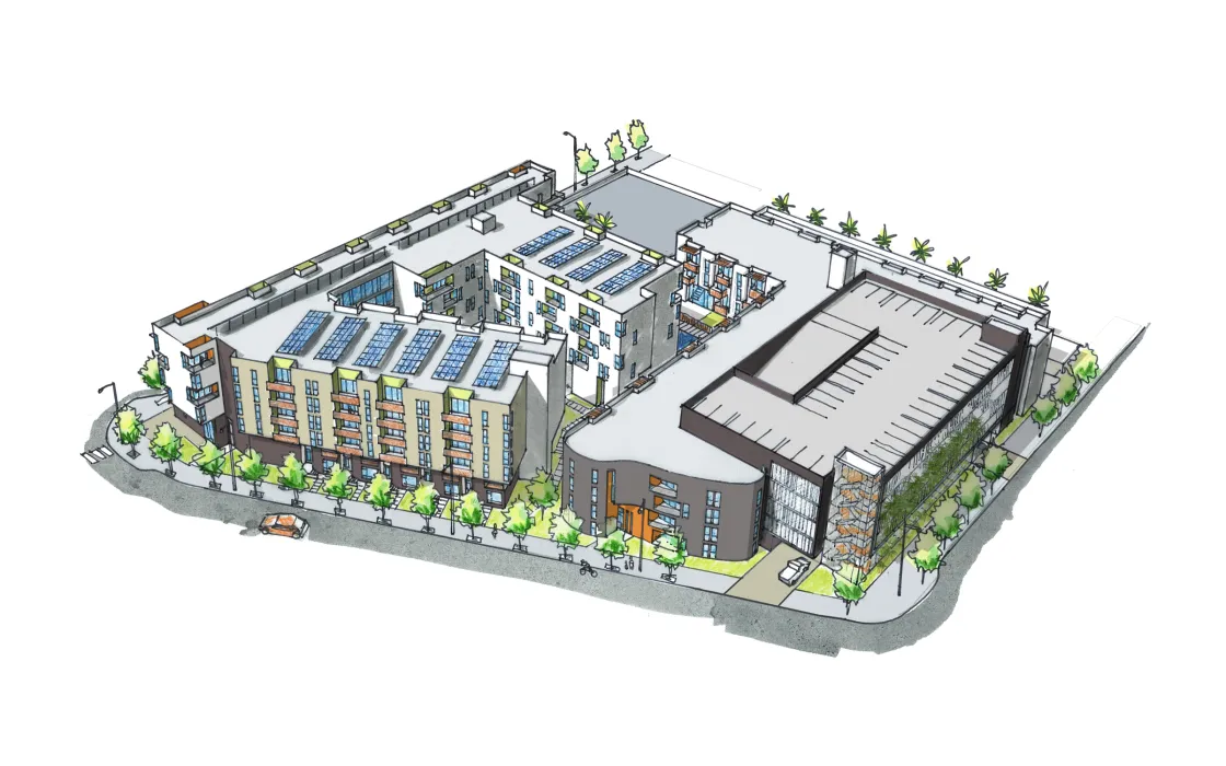 Aerial sketch of Station Center Family Housing in Union City, Ca