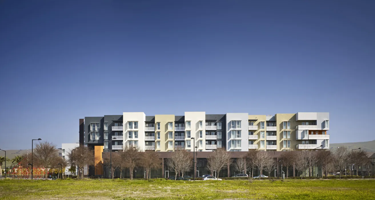 Exterior view from the adjacent park of Station Center Family Housing in Union City, Ca.