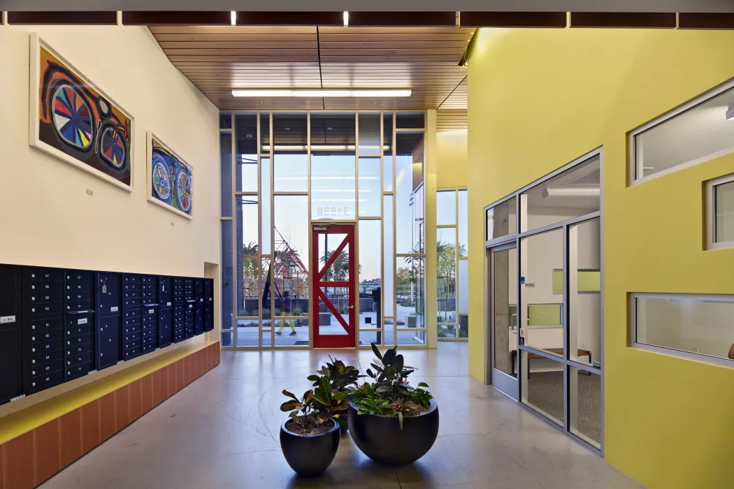 Entrance lobby inside Station Center Family Housing in Union City, Ca.