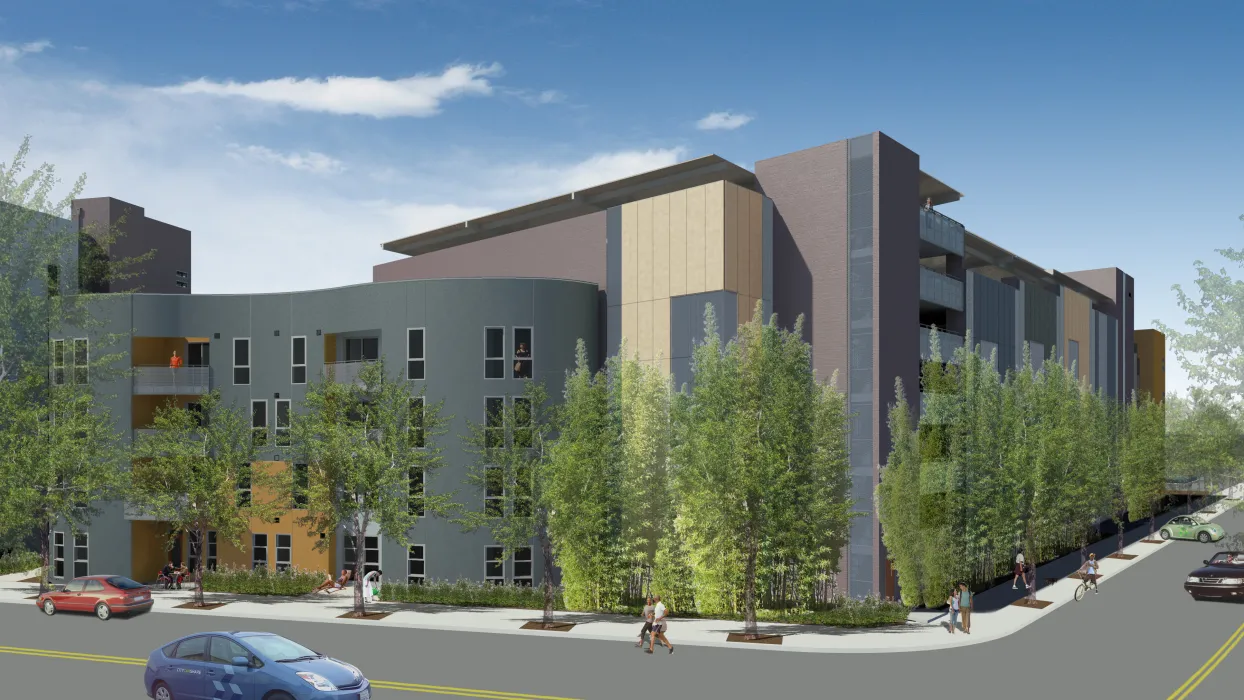 Exterior rendering of the garage for Station Center Family Housing in Union City, Ca