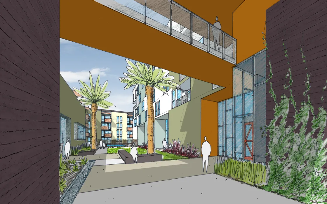 Sketch of the entrance to Station Center Family Housing in Union City, Ca