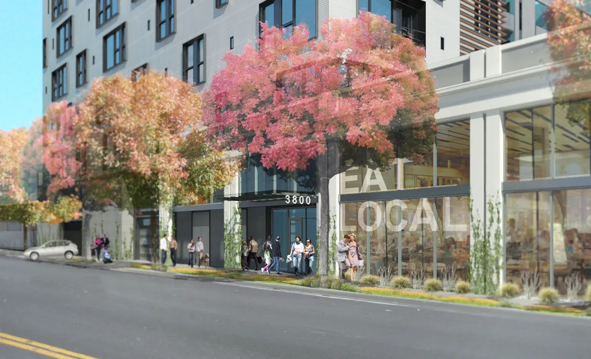 Exterior rendering of the entry to The Intersection in Emeryville, California.