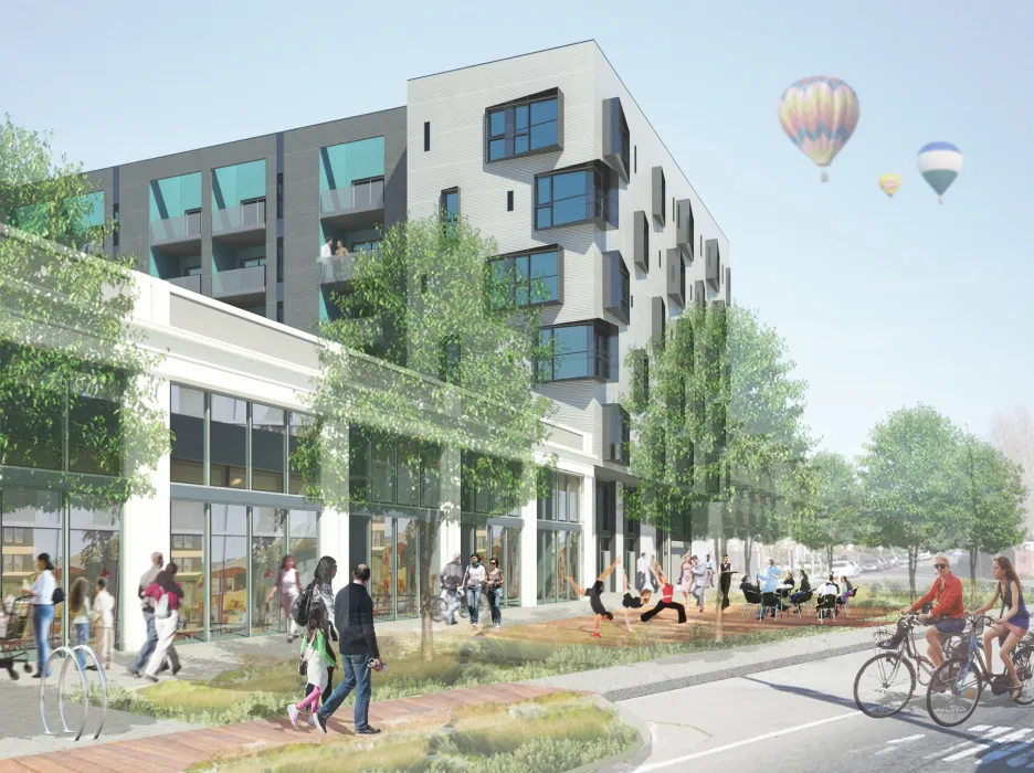 Exterior rendering of the retail spaces for the Intersection in Emeryville, California.