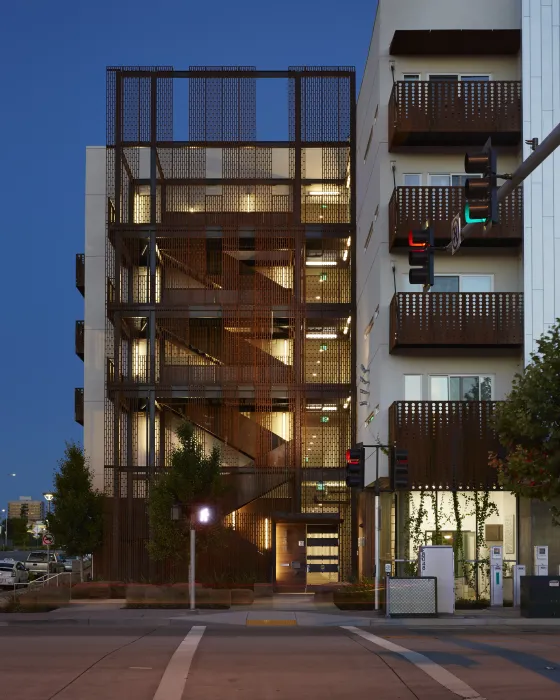 Entry tower at night at Rivermark in Sacramento, Ca.