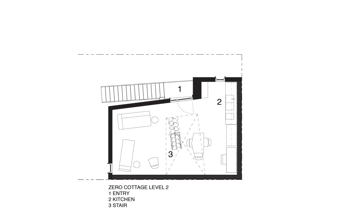 Second level, the kitchen and living space, presentation plan for Zero Cottage in San Francisco.