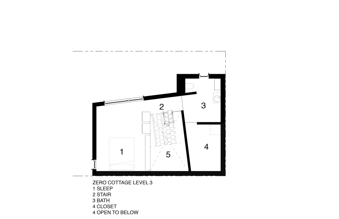 Third level, the sleeping and bathroom space, presentation plan for Zero Cottage in San Francisco.