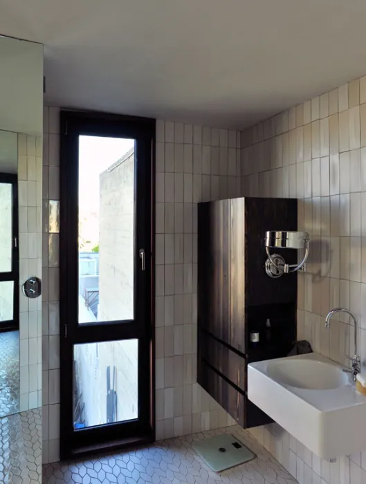 Interior view of the bathroom, on the third level of Zero Cottage in San Francisco.