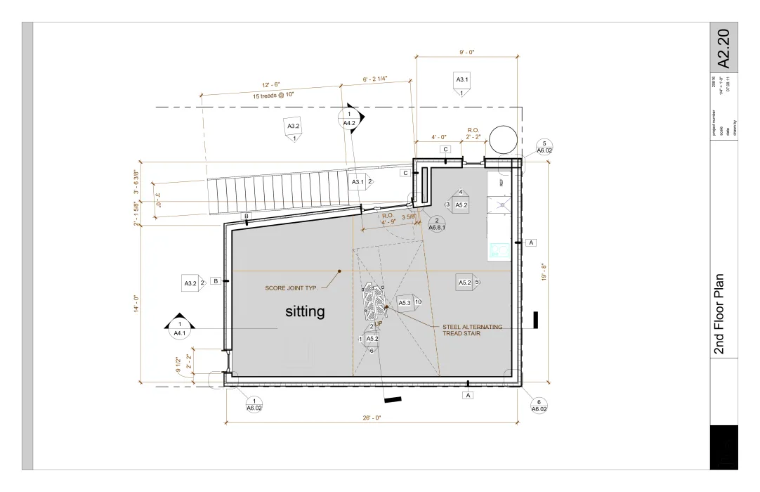 Second level, the kitchen and living space, site plan for Zero Cottage in San Francisco.