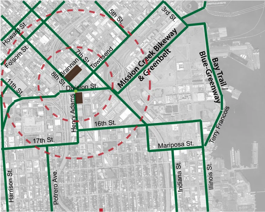 Bicycle aerial context for 855 Brannan in San Francisco.