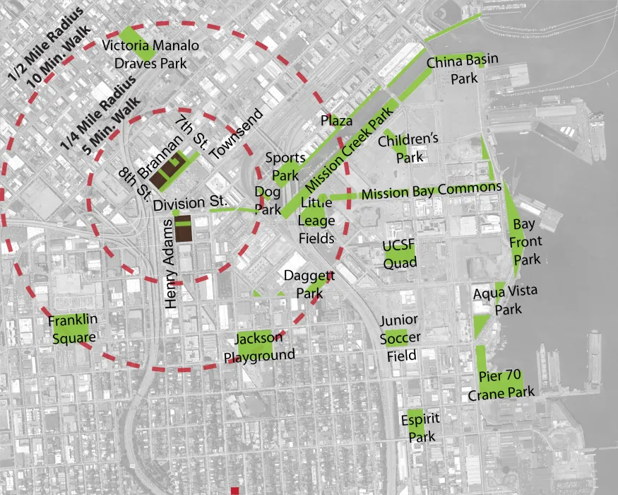 Open space aerial context for 855 Brannan in San Francisco.